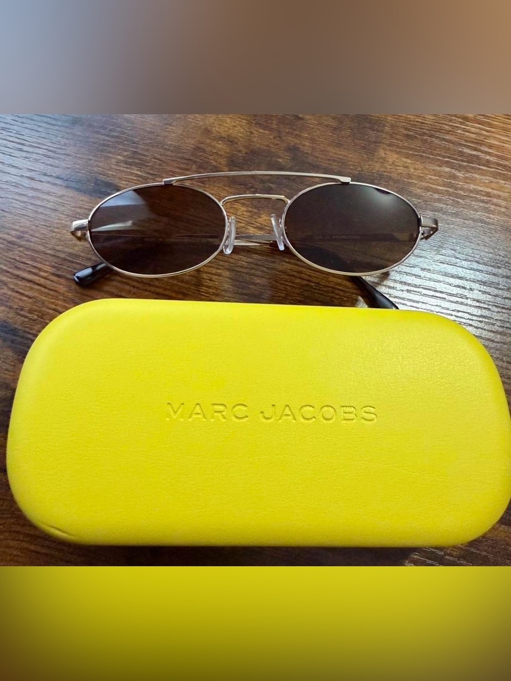 Marc Jacobs Oval Metal Frame Sunglasses with Brown Lenses and Yellow Case